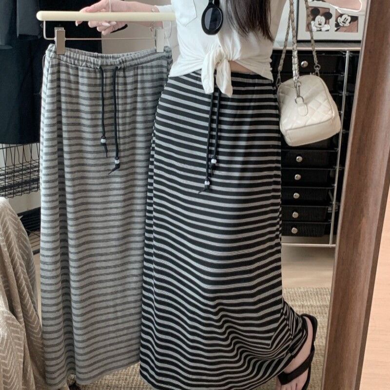 夏季慵懒撞色条纹高腰A字半身裙