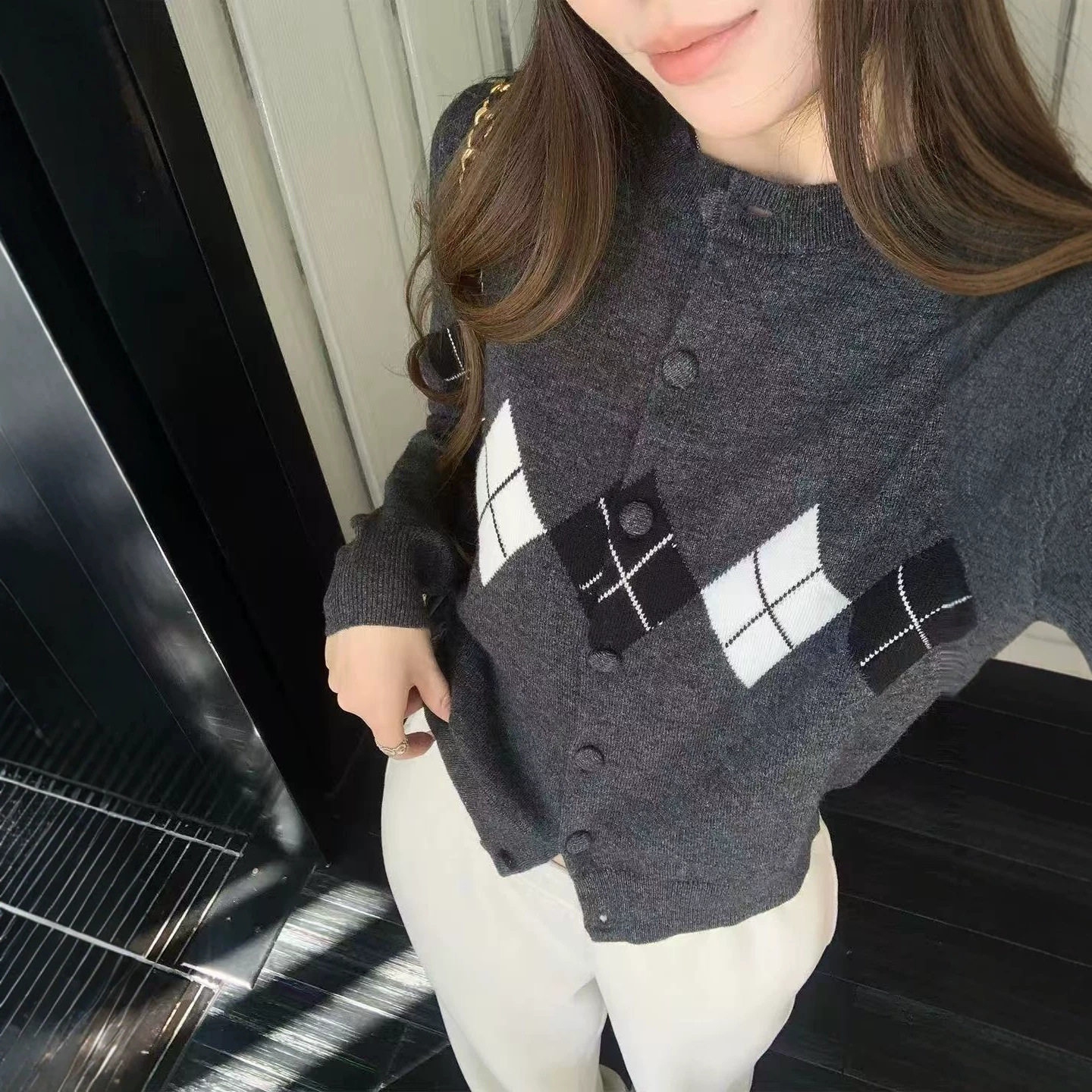 韩系复古菱格短款针织开衫女秋冬