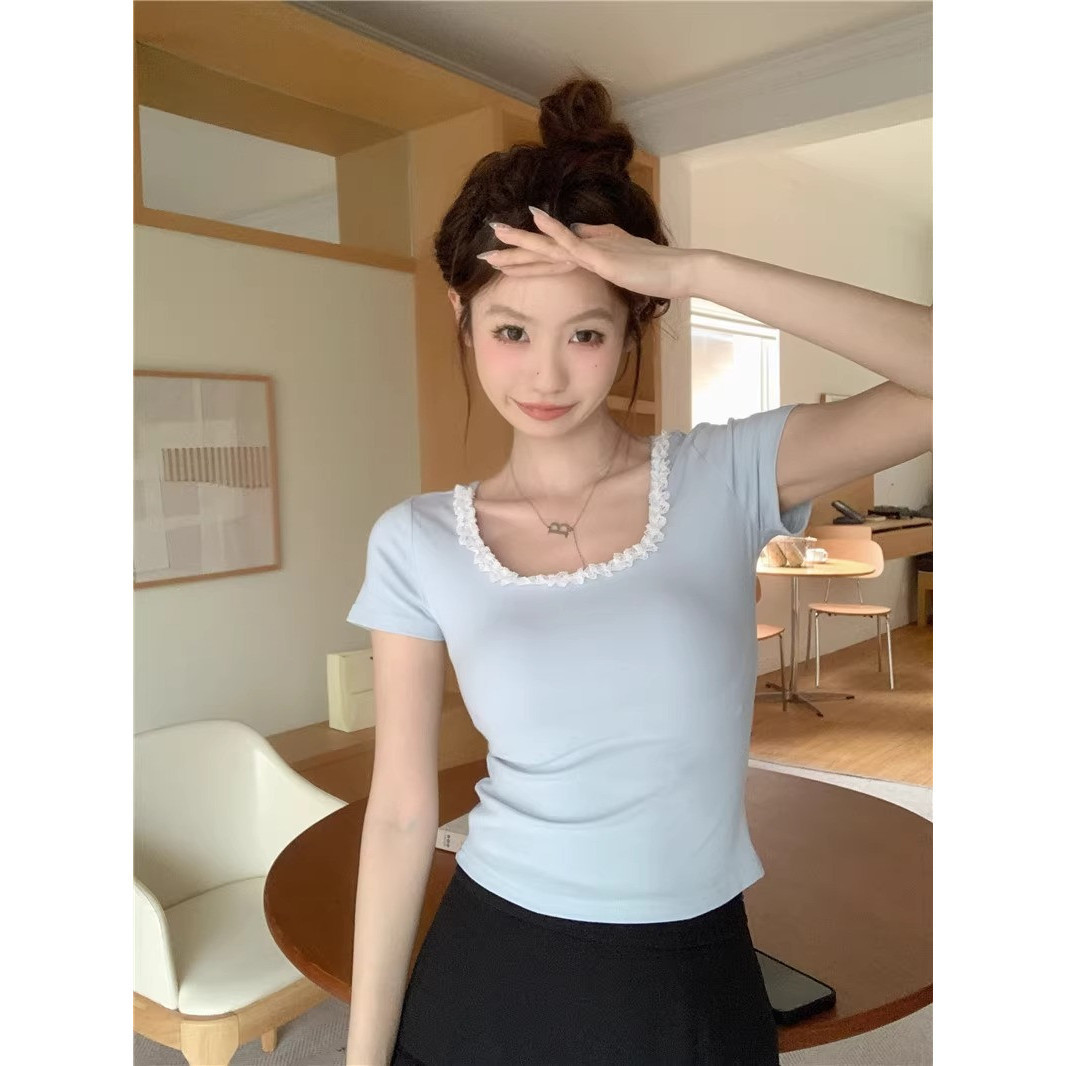 夏季辣妹修身短袖蕾丝T恤