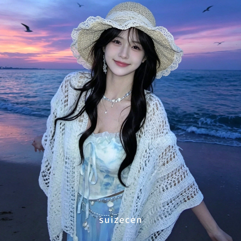 夏季白色针织流苏波西米亚披肩