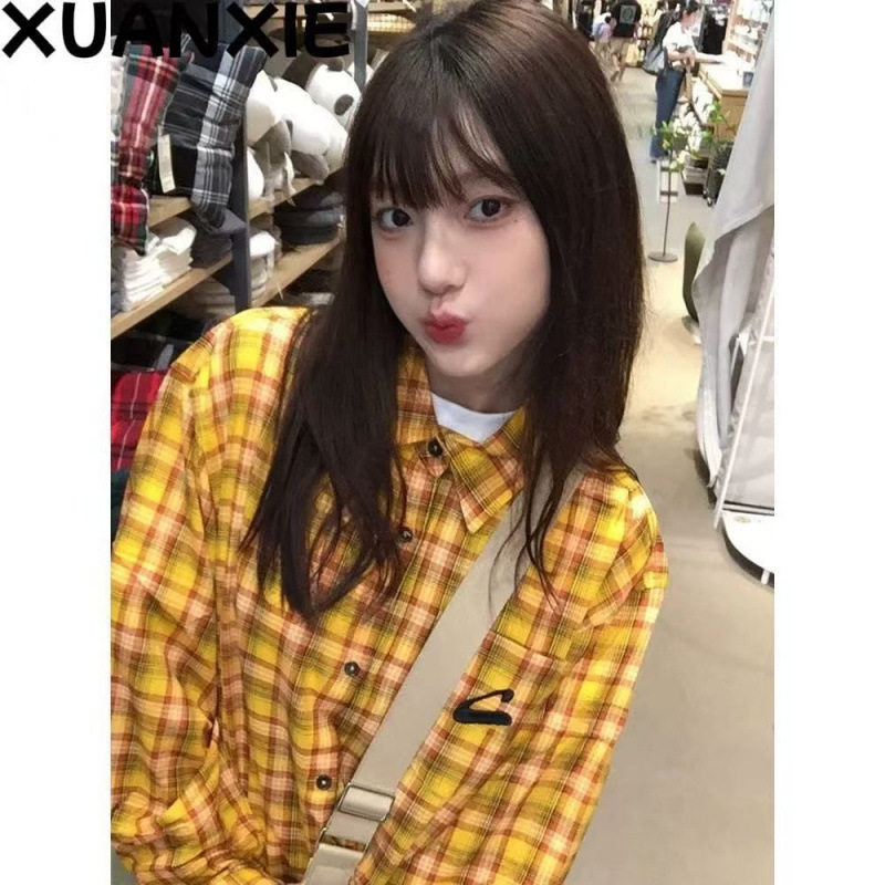 早秋黄色格子绣花设计感衬衫女