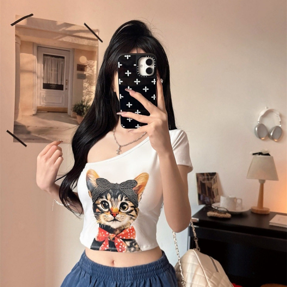 夏季辣妹猫咪印花带胸垫短袖T恤