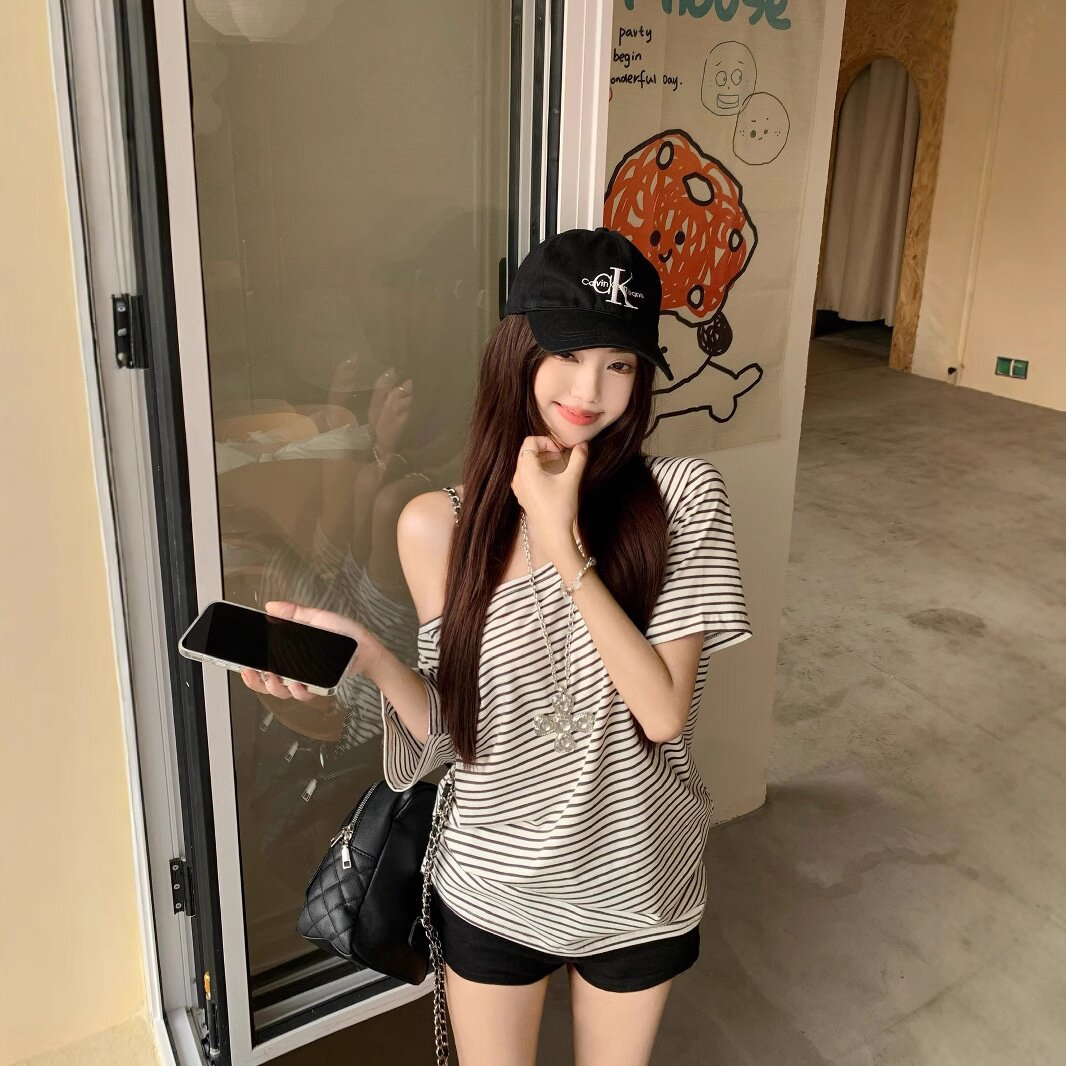 夏季法式条纹露肩显瘦短袖T恤