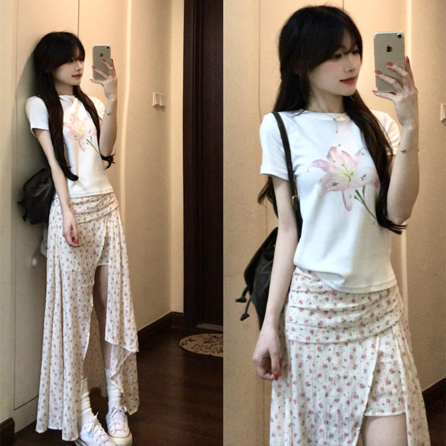 2026夏季新款花朵印花正肩短袖t恤女设计感修身收腰显瘦百搭上衣
