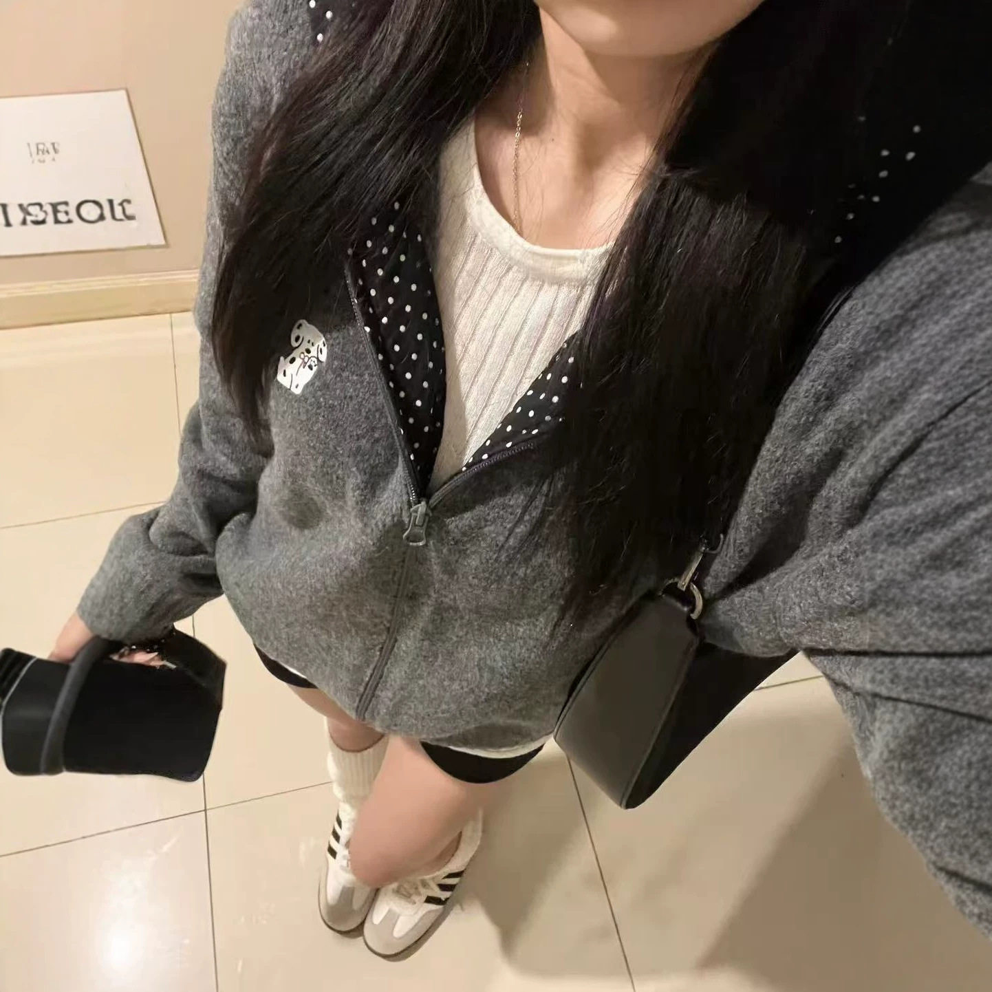 韩系波点拼接连帽拉链毛衣开衫