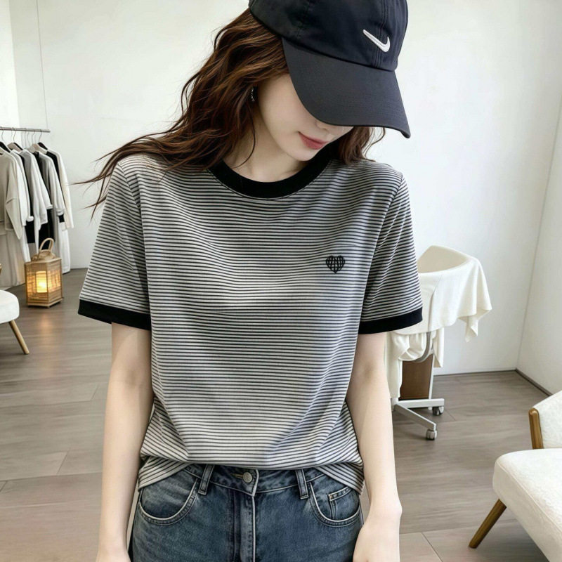 冰丝罗纹刺绣条纹短袖T恤女修身