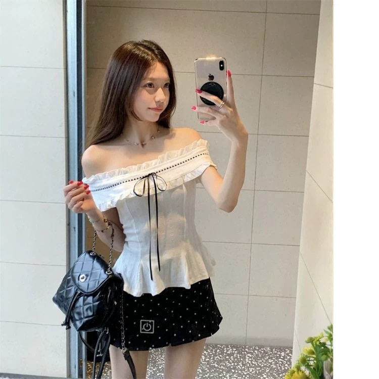 法式一字肩木耳边显瘦衬衫女
