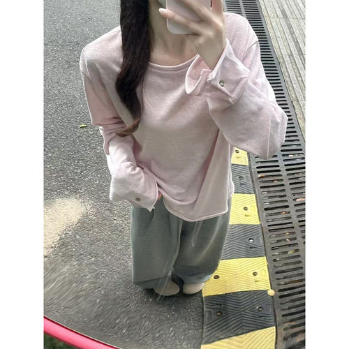 春秋女宽松卷边长袖T恤200克