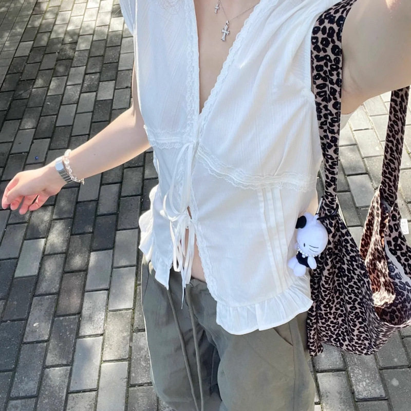 夏季法式白色蕾丝系带短袖衬衫