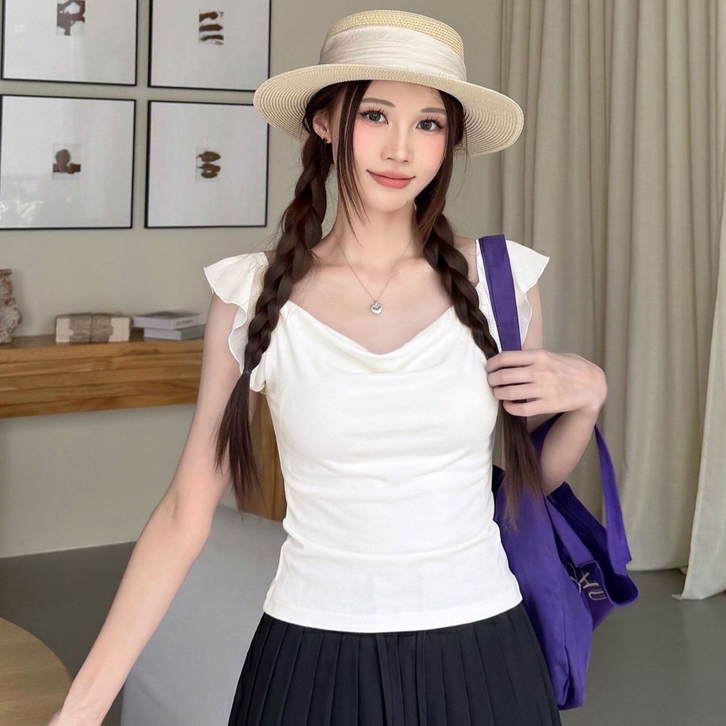 夏季甜美荡领荷叶边显瘦吊带背心