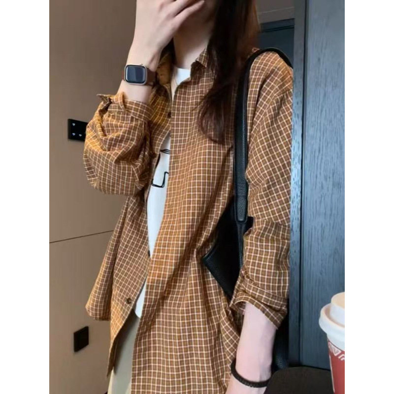 韩系棕黄格子宽松防晒衬衫女