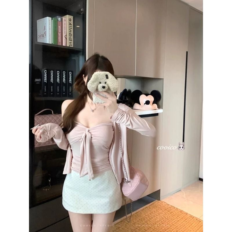 纯欲粉色薄款开衫抹胸两件套