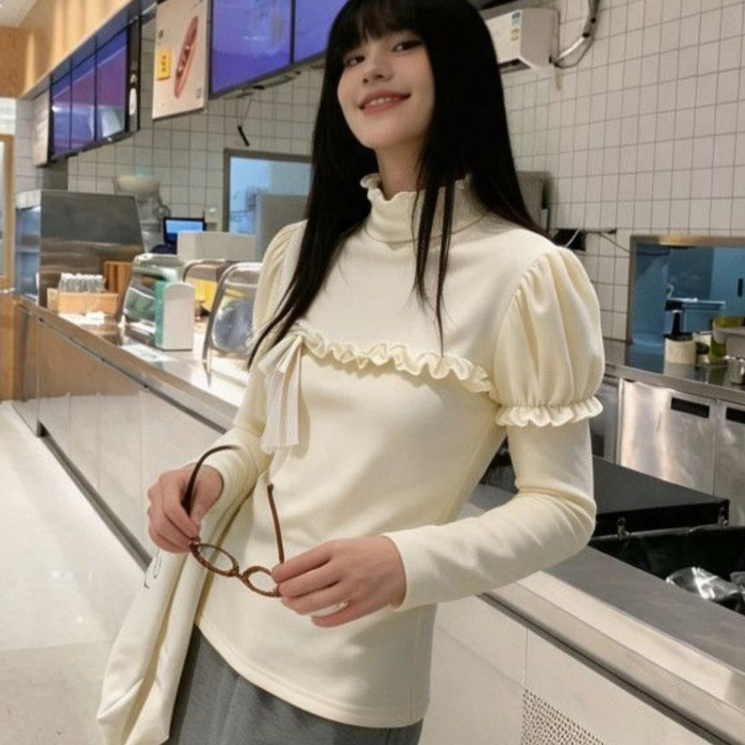 夏季甜辣木耳边显瘦长袖T恤女
