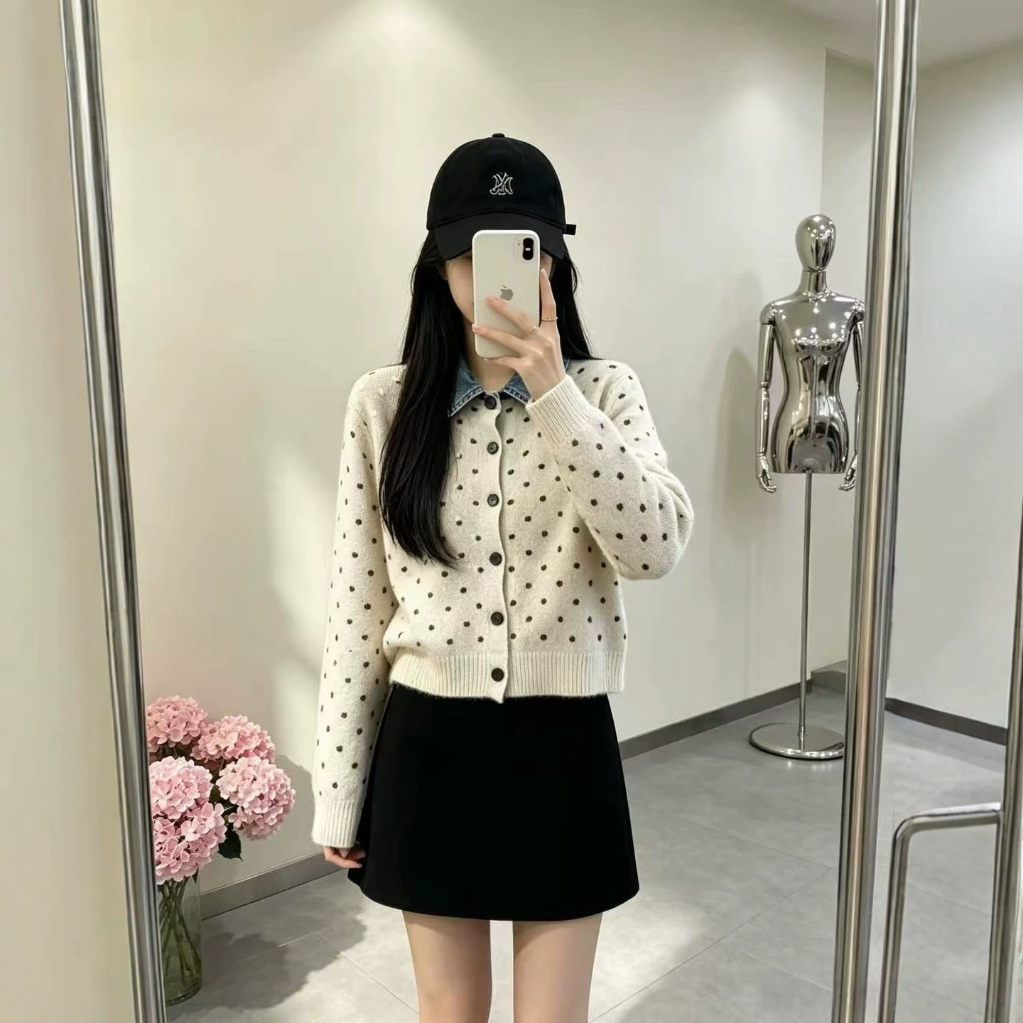 法式波点假两件牛仔拼接毛衣