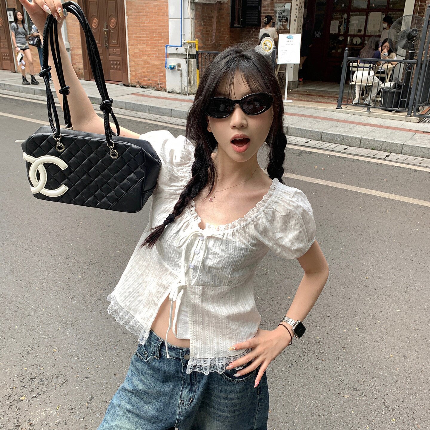 夏季洋气蕾丝边绑带短袖女衬衫