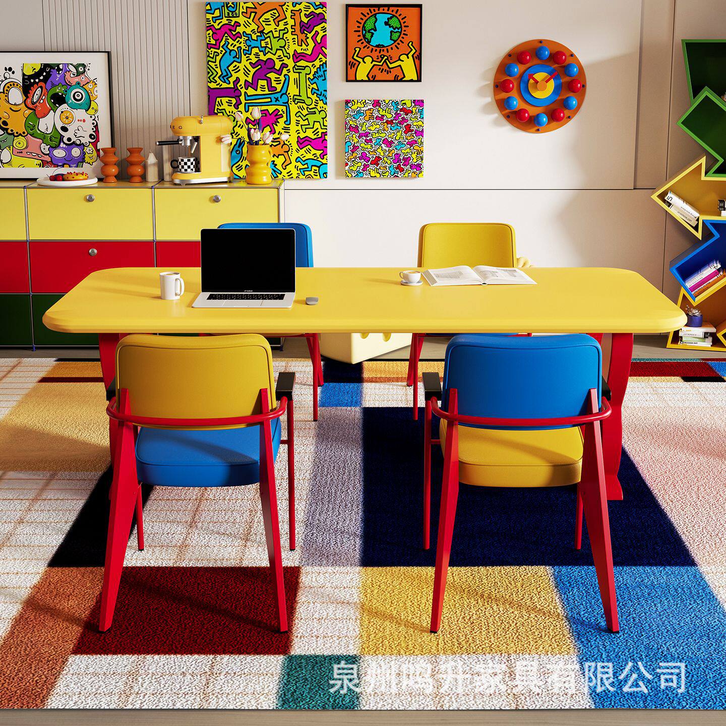 彩色纯实木书桌客厅奶油风多人学习桌电脑桌创意极简工作台办公桌