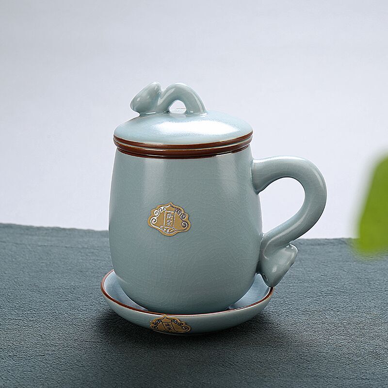 汝窑茶杯冰裂个人杯子办公室茶具带盖子陶瓷四件套过滤开 ??片