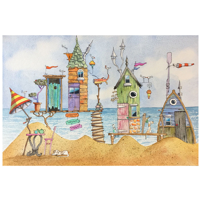 现代艺术卡通建筑手绘油画卧室小孩横版挂画装饰后沙发壁画房客厅