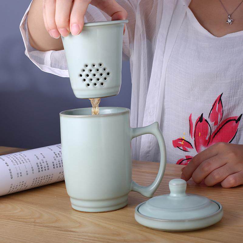汝窑茶杯带盖过滤个人杯大容量办公室陶瓷杯子泡茶四件套家用茶具