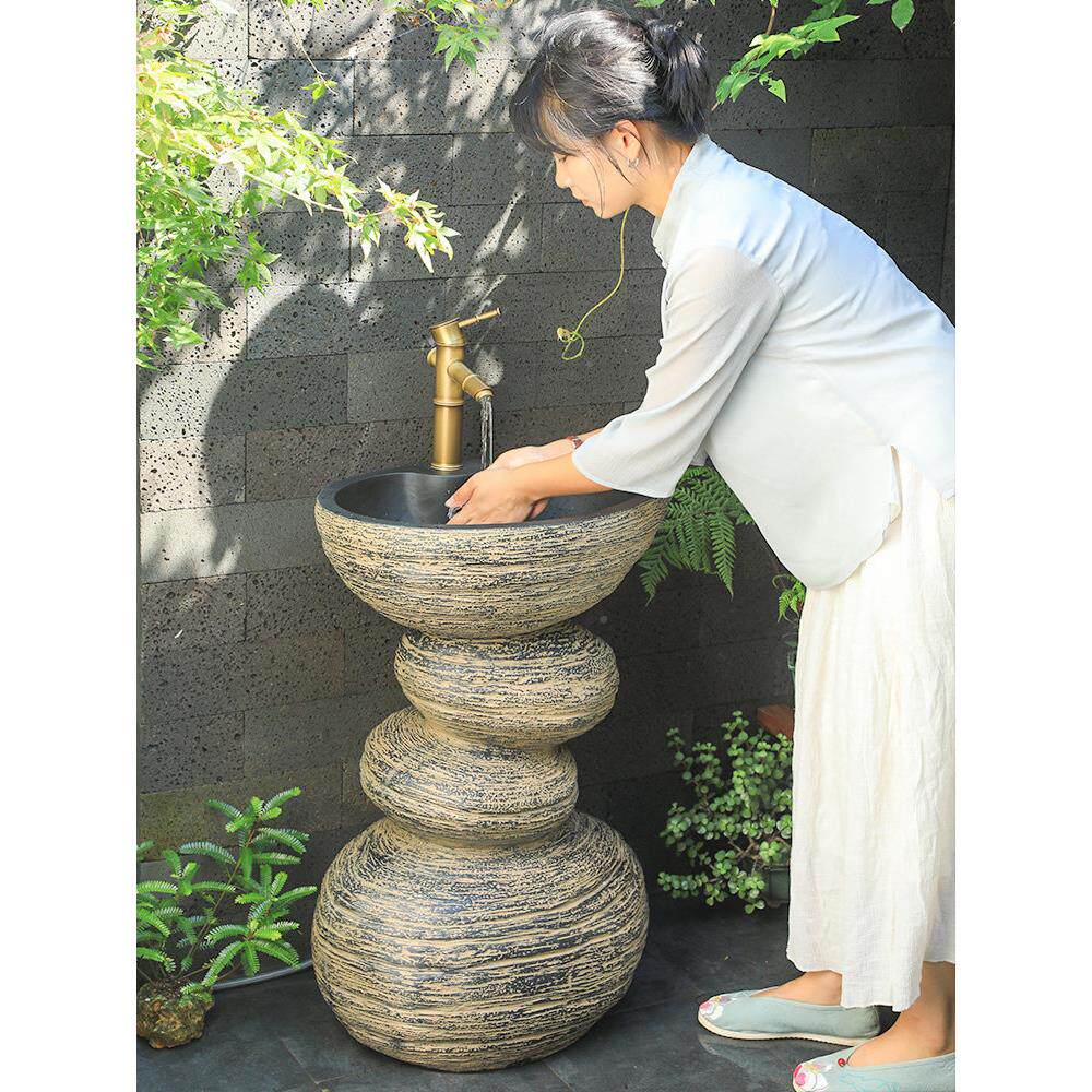 陋坊石体户外洗手盆家用中庭W133院花式园阳台立柱一彷石洗脸台水