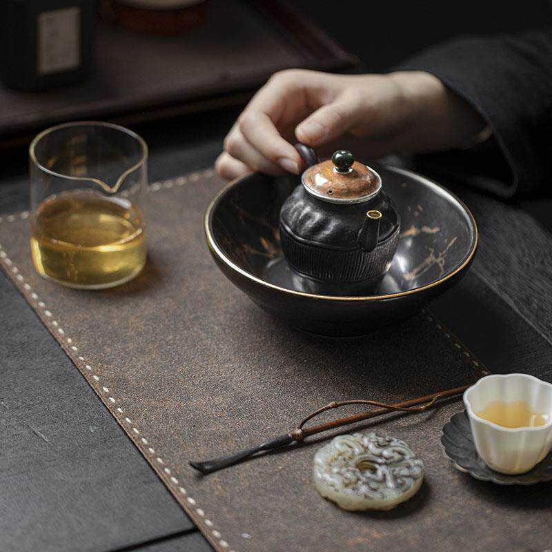 座草木EKO祠陶瓷覆式古壶承烫金中茶茶道干泡台壶底茶托盘圆建水