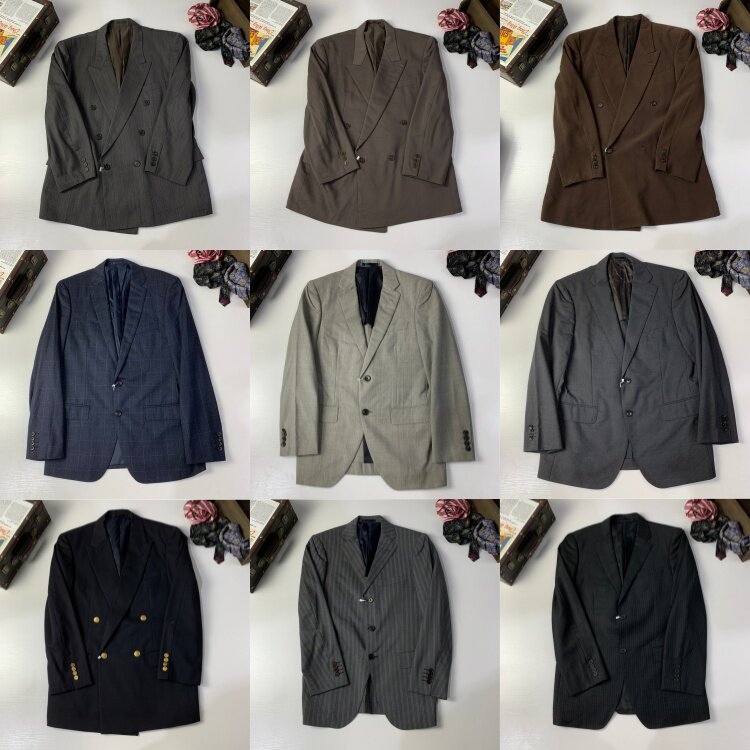 vintage古着日制纯色商务极简干练街拍帅气格纹金扣西装西服-657