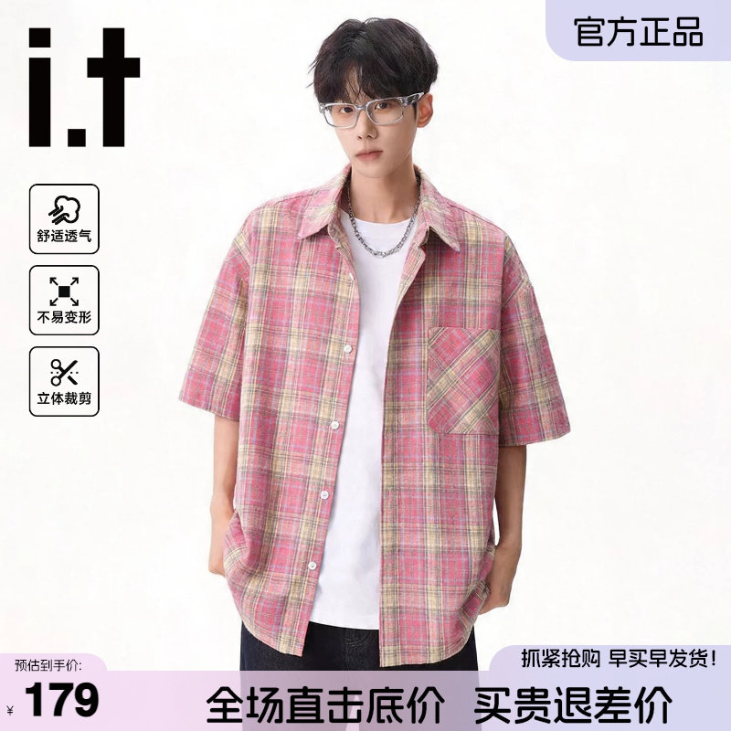 itFIVECM复古格纹短袖衬衫男女