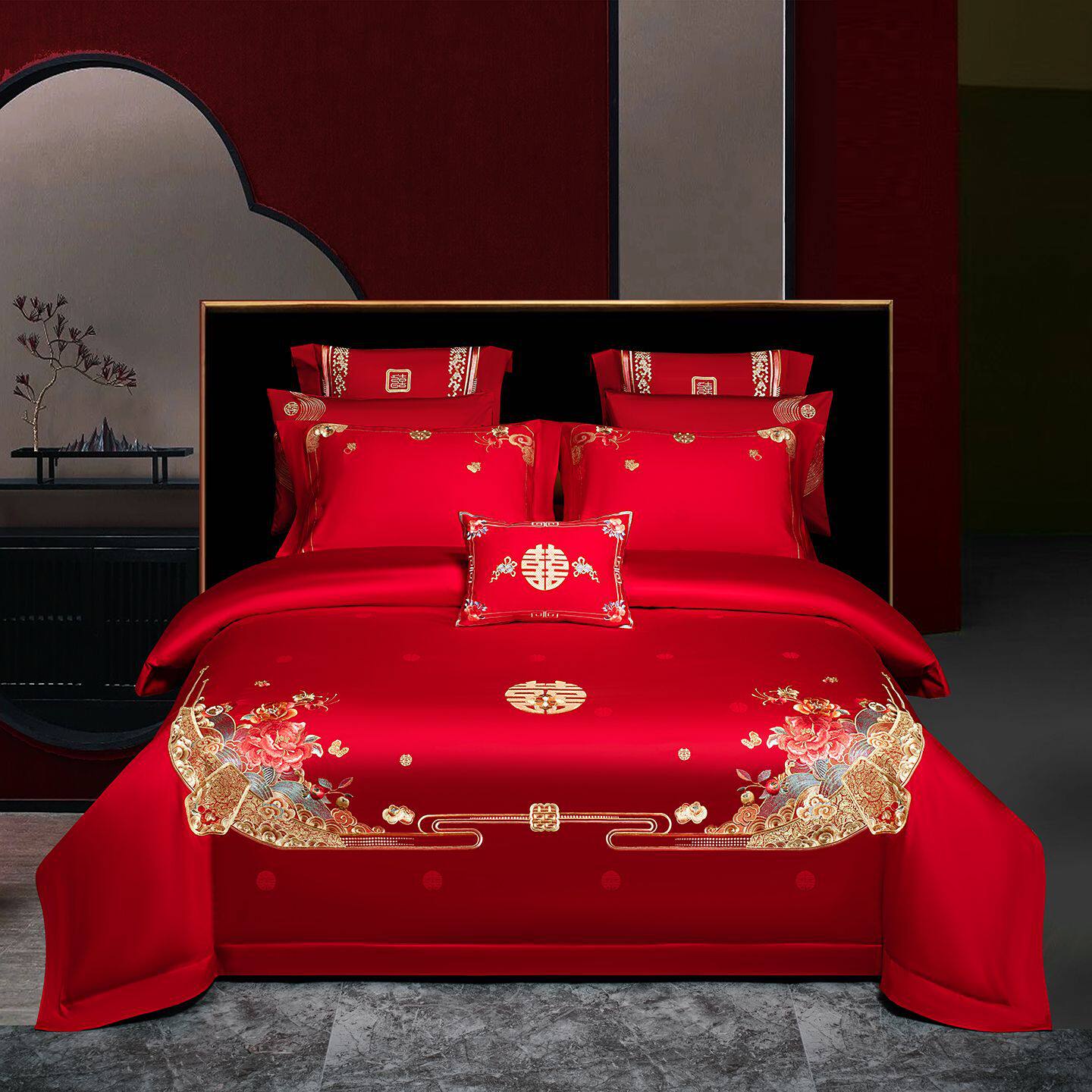 长绒棉提花全棉纯棉绣花婚庆四件套多件套大红色刺绣结婚床上用品