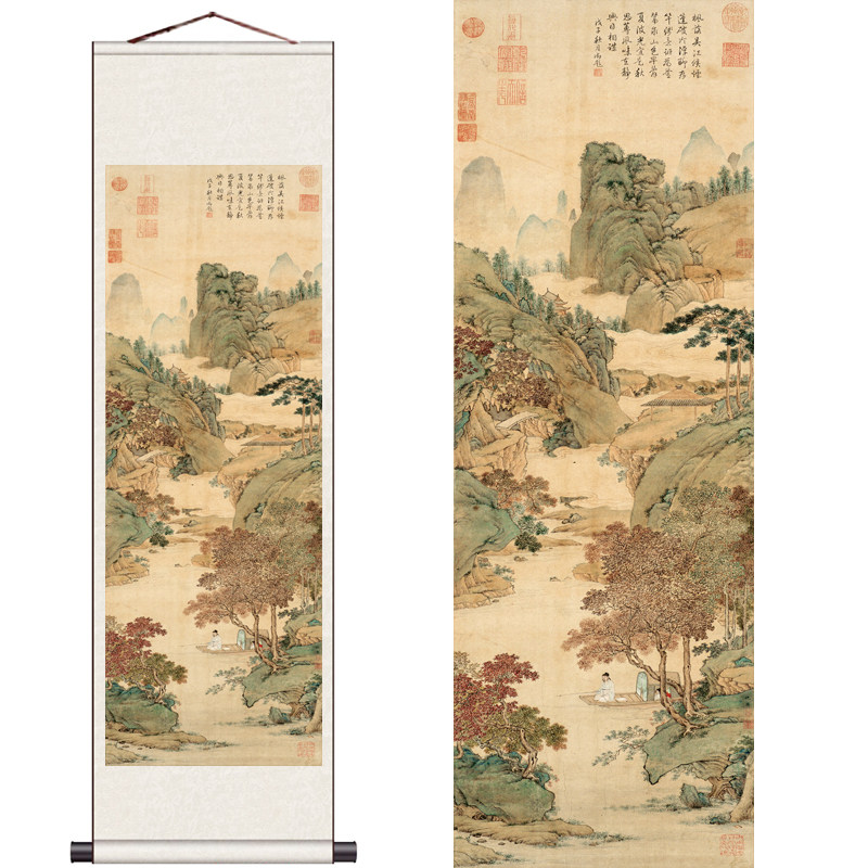 文徵明品茶图山水画水墨画名家仇仙境仿古图英国画泛舟装饰画桃源