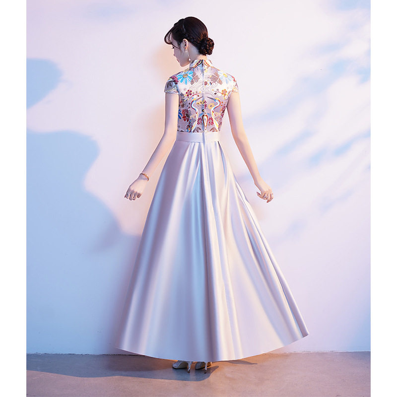 2026新款中式旗袍演出服大合唱团表演服装朗诵指挥晚礼服银灰色高