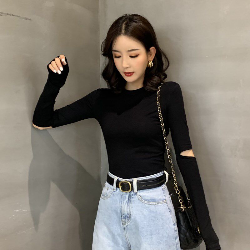 黑色打底衫女秋冬手肘破洞袖上衣紧身内搭漏肘纯棉长袖t恤心机潮