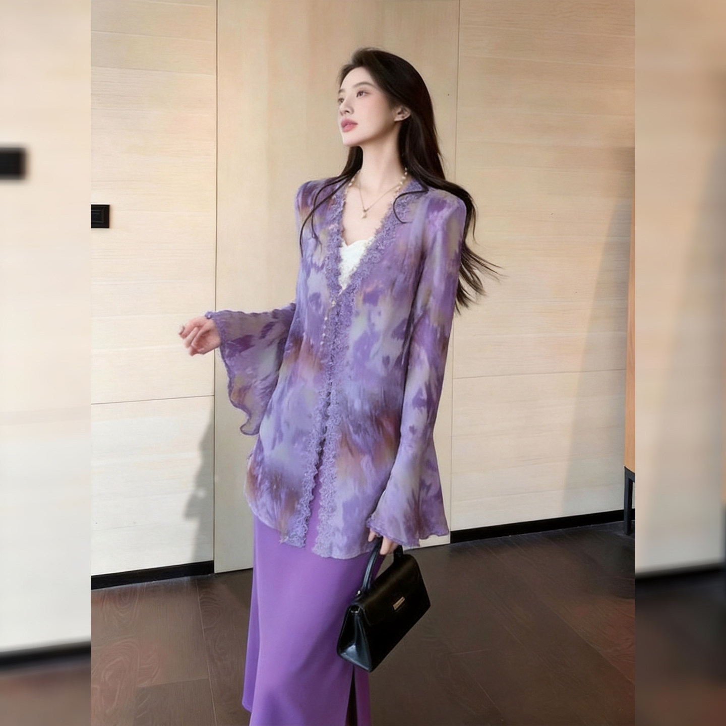紫色印花喇叭袖衬衫半身裙两件套女2026夏季新款高级气质时尚套装