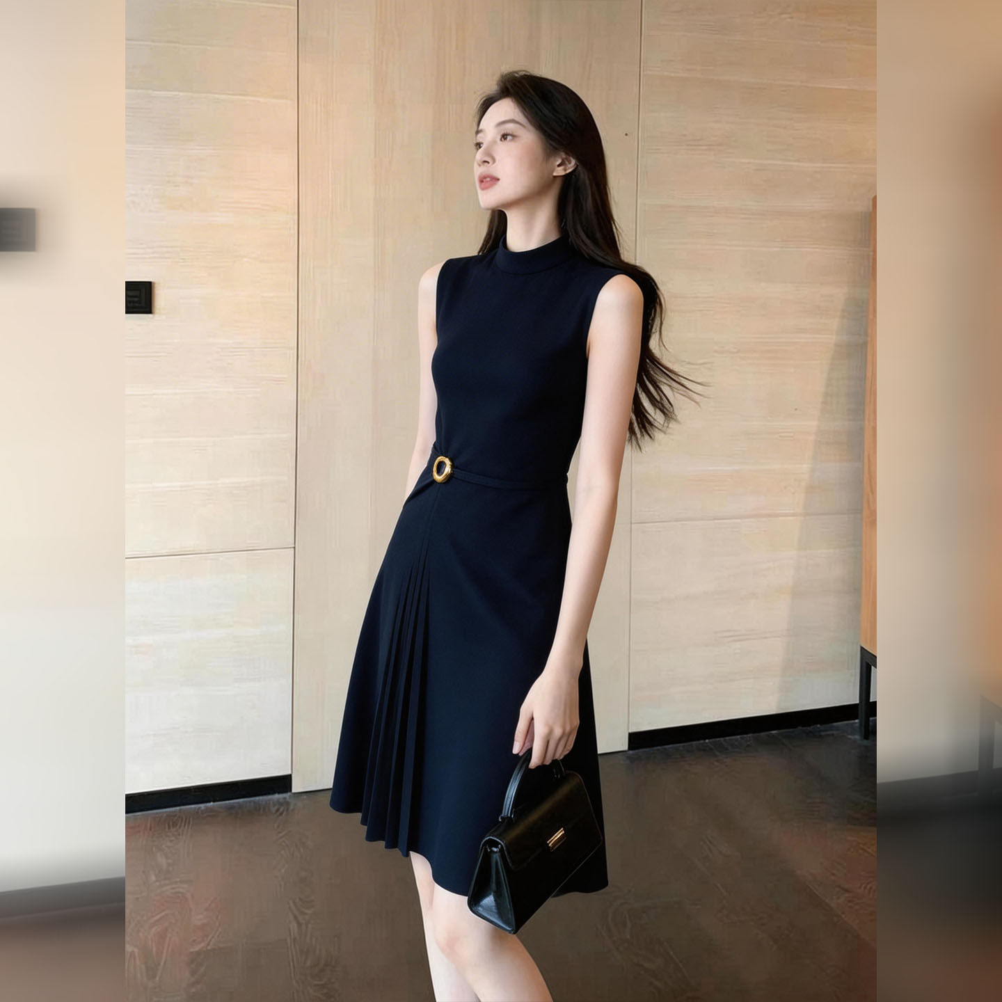 轻奢优雅风无袖连衣裙女2026夏季黑色高领收腰A字裙通勤气质裙子