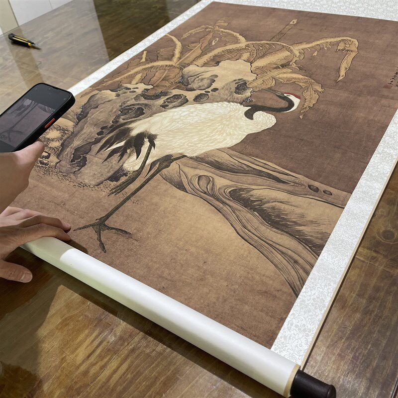 明吕纪蕉岩鹤立图国画仙鹤祝寿装饰微喷复制临摹画心院体工笔画稿