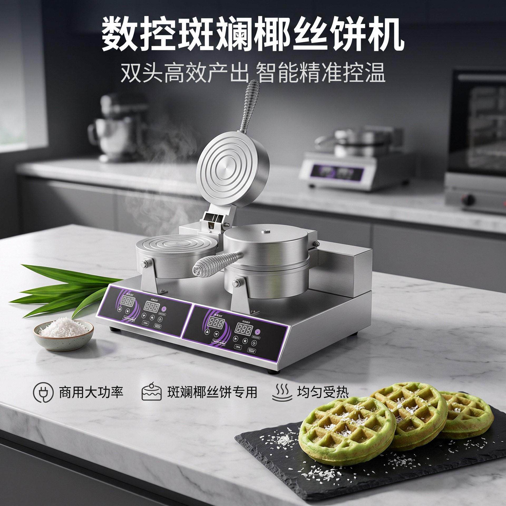 数控双头斑斓椰丝饼机商用智能控温均匀加热华夫饼制作用设备厂家图片