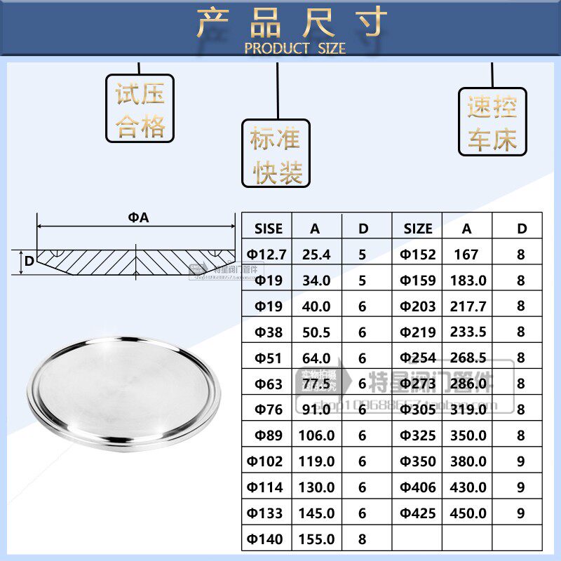 304不锈钢卫生级快装卡箍盲板法兰卡盘盖帽快接头堵板法兰片闷板