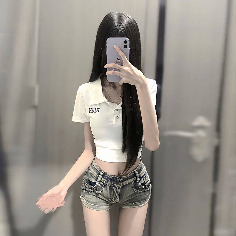 社会女套装快手网红同款辣妹polo领短袖t恤上衣+美式柳丁牛仔短裤