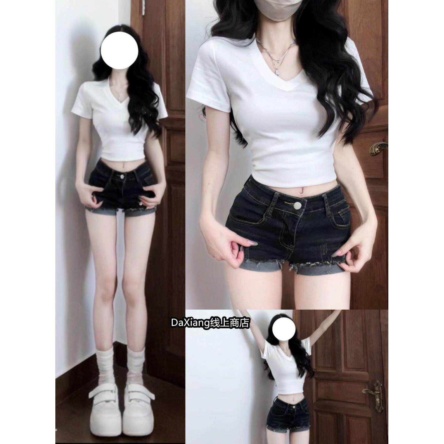 韩系纯欲风套装美式甜辣妹V领正肩收腰短袖T恤卷边牛仔短裤两件套