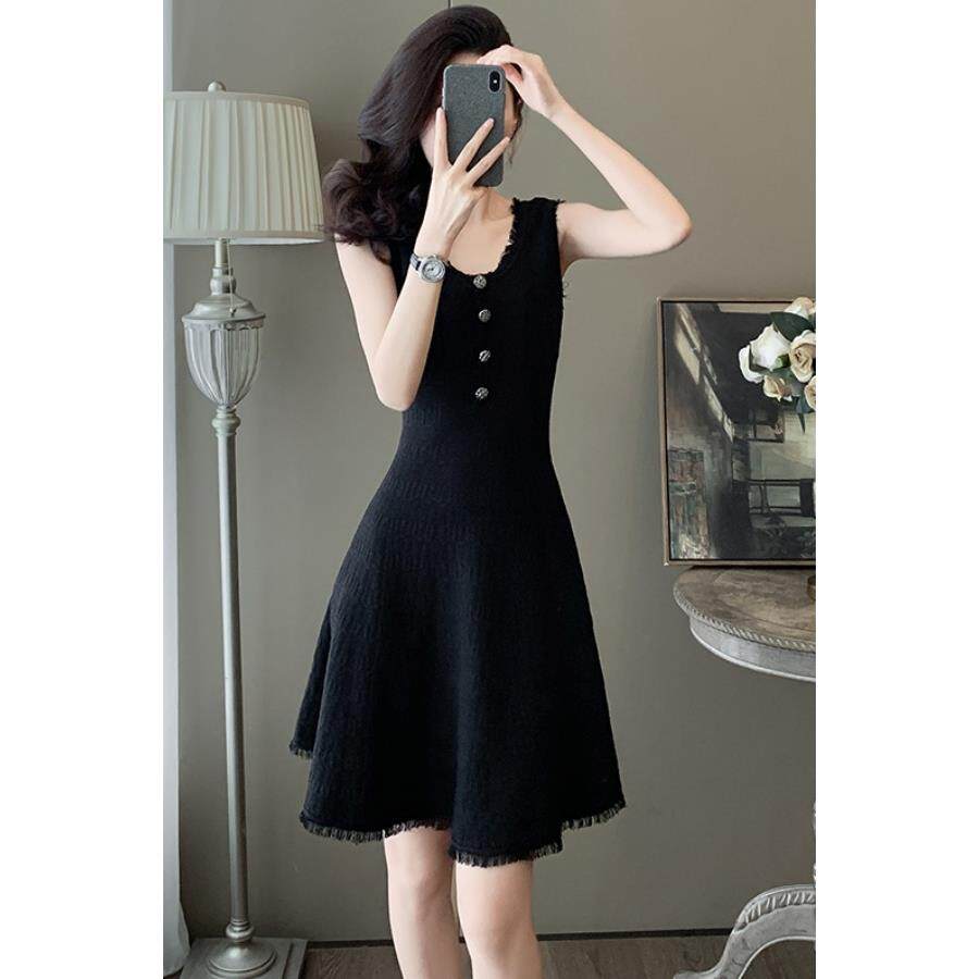 法式小香风无袖连衣裙女装夏季2025新款气质高级感收腰黑色背心裙