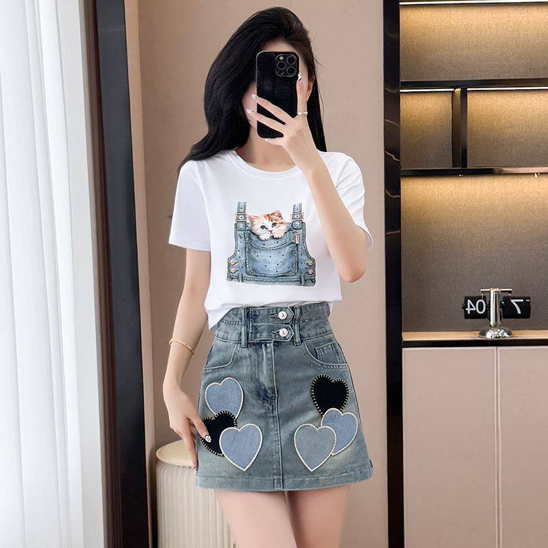 时尚套装女夏季短袖印花T恤重工设计刺绣爱心牛仔裙裤两件套女潮