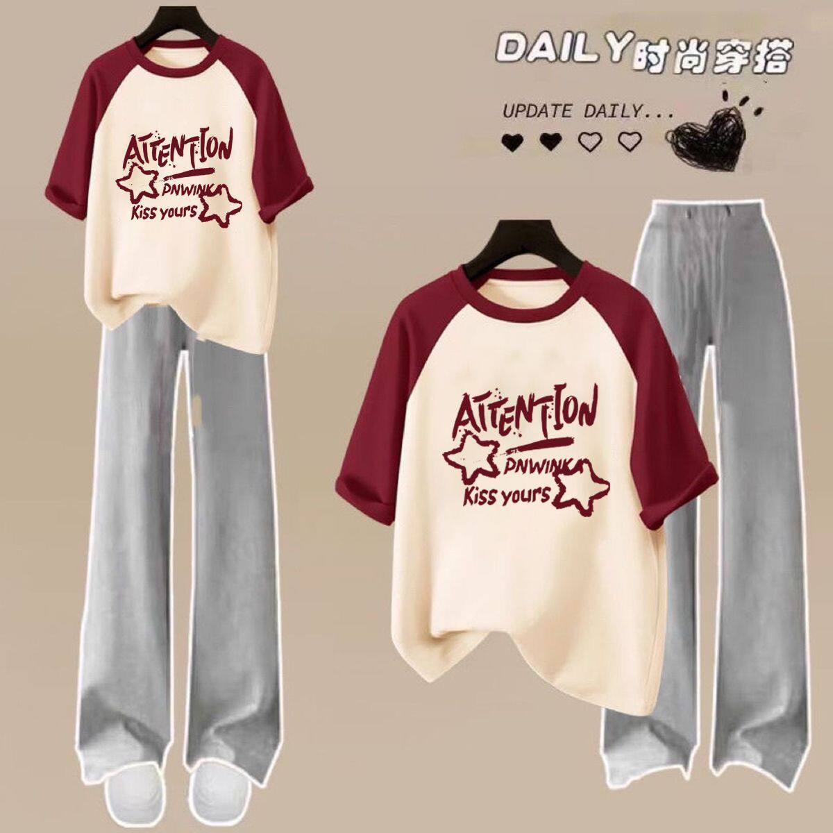 单/套装夏季爆款短袖t恤女学生甜美风宽松休闲阔腿裤百搭两件套潮