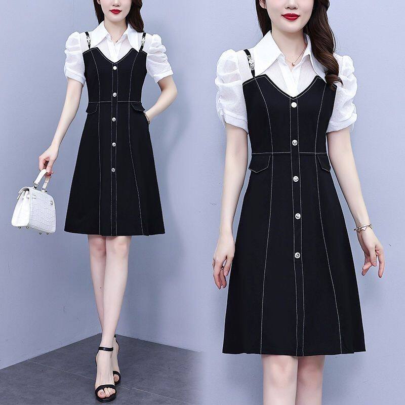 衬衫连衣裙子女士夏季2026年新款小个子假两件短袖气质洋气中长裙