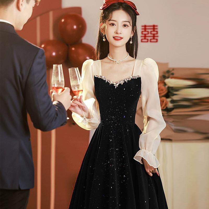 成人礼晚礼服女高端轻奢小众敬酒服法式高级感宴会主持人礼服裙黑