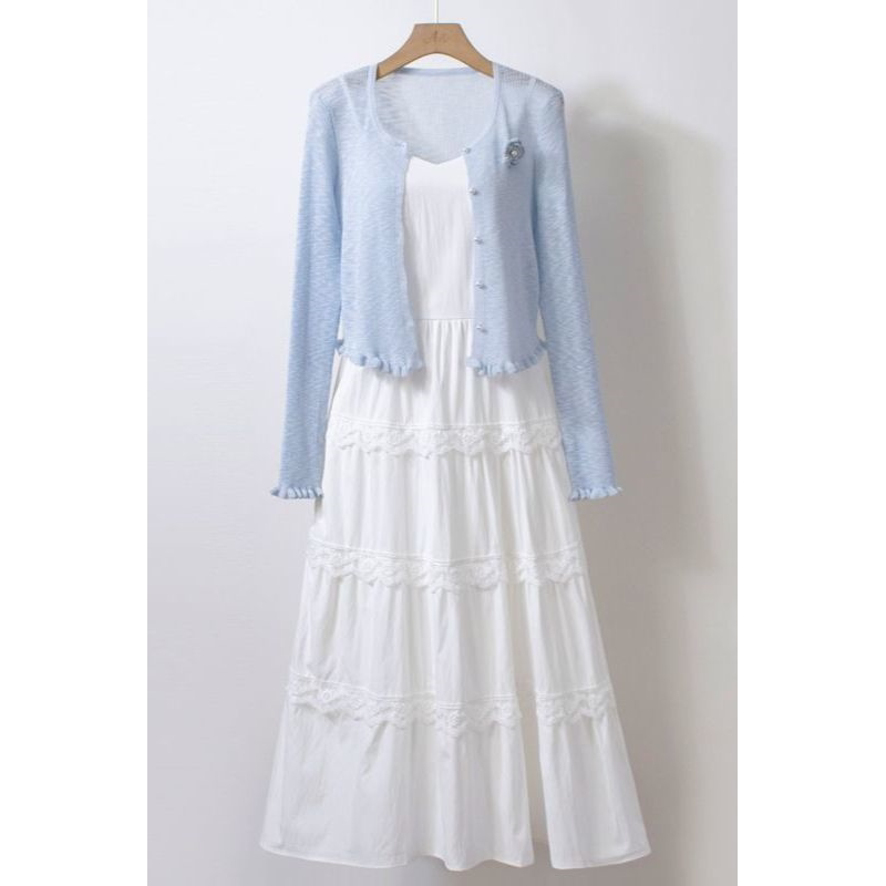 甜美2025白色吊带连衣裙套装针织开衫时尚新款裙子两件套爆款裙子