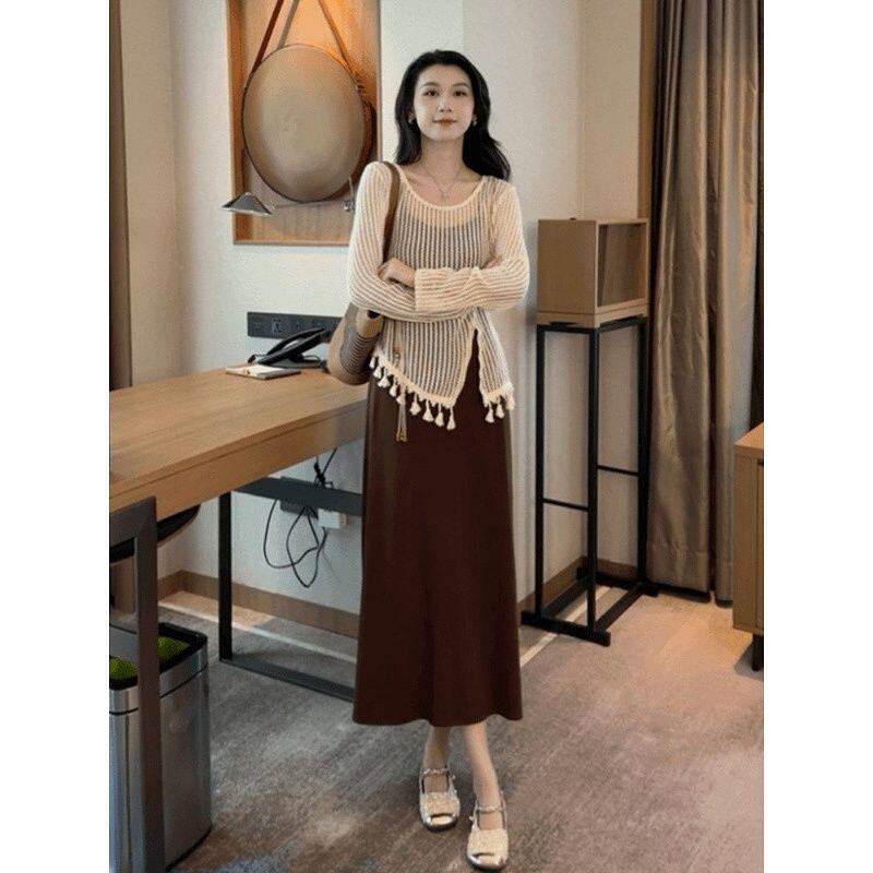 2024早秋新款洋气两件套镂空针织罩衫吊带连衣裙女时尚穿搭套装女