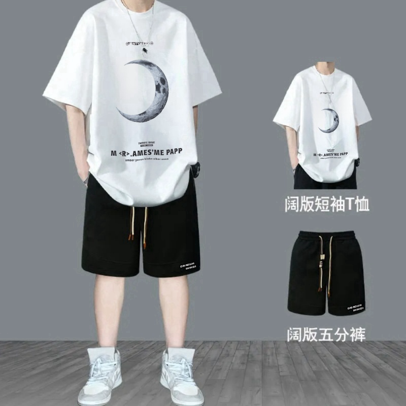 青少年纯棉运动服套装新款初中学生宽松帅气男生夏季t潮牌短袖T恤