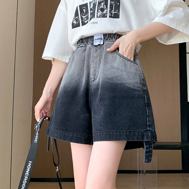 大码黑色渐变牛仔短裤女a字阔腿宽松紧高腰夏季薄款加肥200斤胖mm