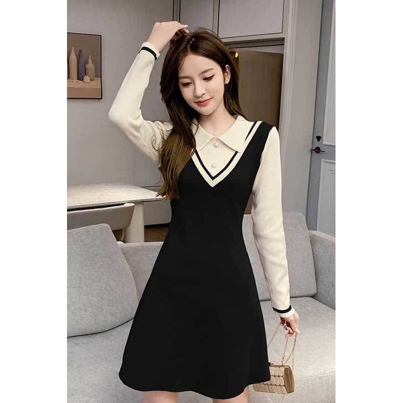 2025春秋女新款拼接假两件针织连衣裙中长显瘦毛衣内搭A字洋气裙