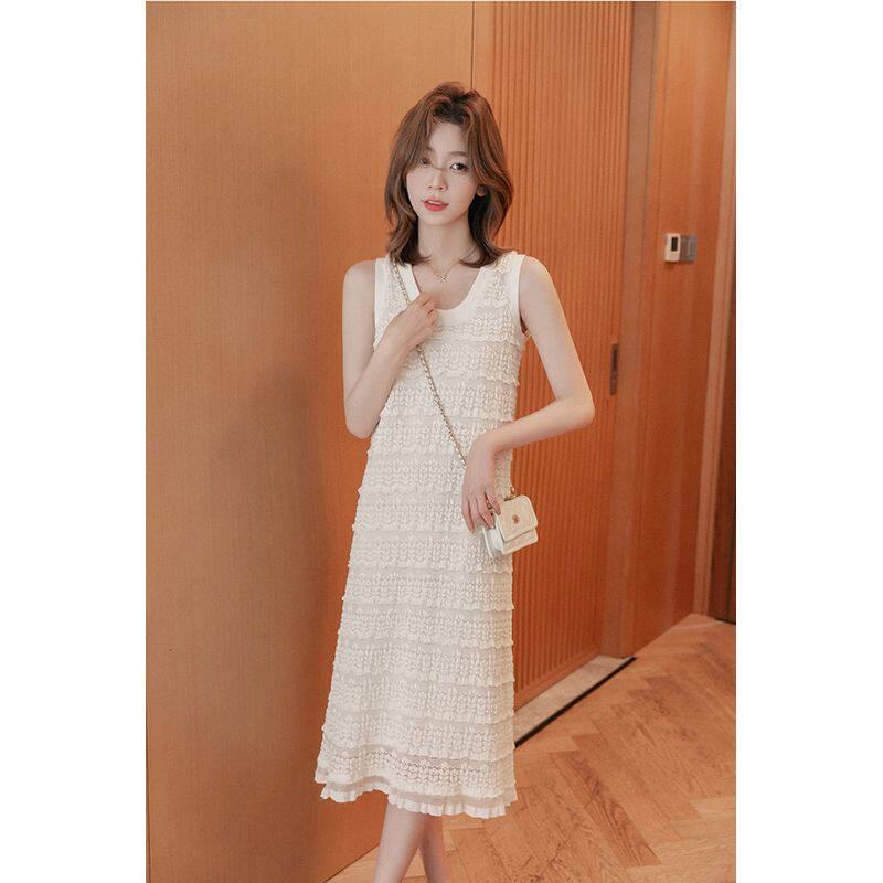 高级感圆领蕾丝背心连衣裙女2025夏季新款小个子圆领无袖裙长裙