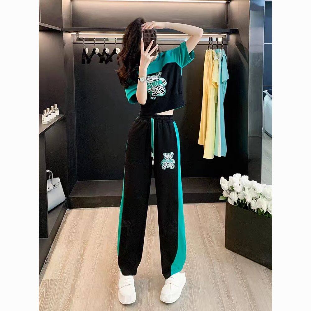 欧货休闲时尚运动套装女夏季薄款减龄洋气潮牌小个子阔腿裤两件套